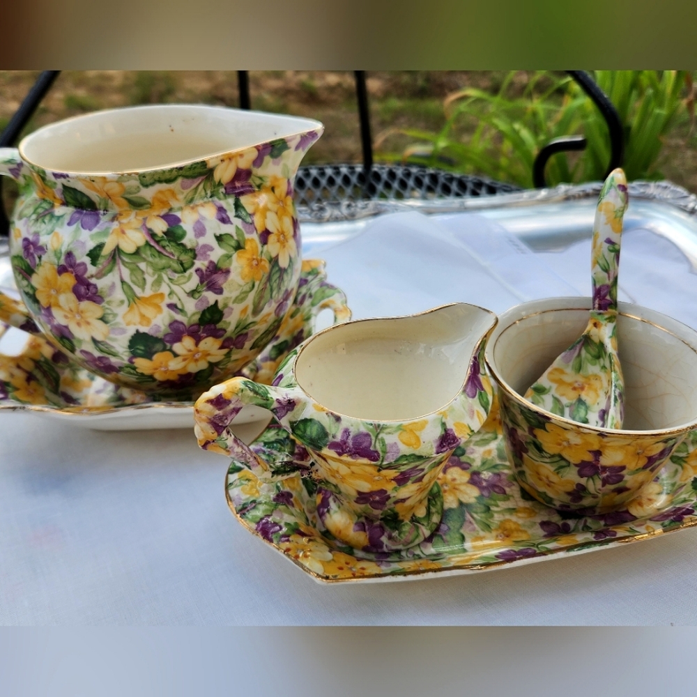 RARE  6 PIECE MATCHING SET ANTIQUE JAMES KENT LTD ENGLAND "PRIMULA"